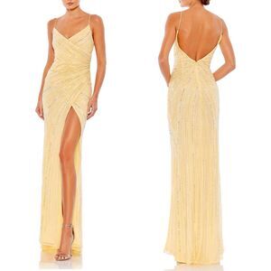 Mac Duggal Butter Yellow Gown Size 14 Beaded Faux Wrap Pastel Wedding Prom Gala